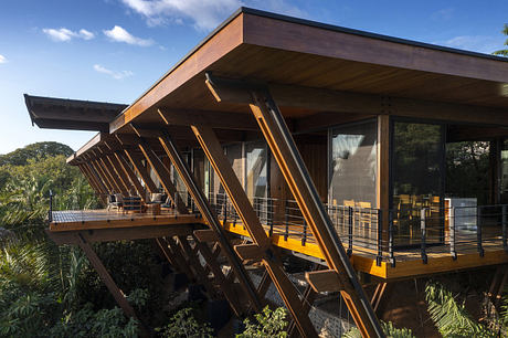 Modern treehouse-style home with large glass windows and wooden exterior.