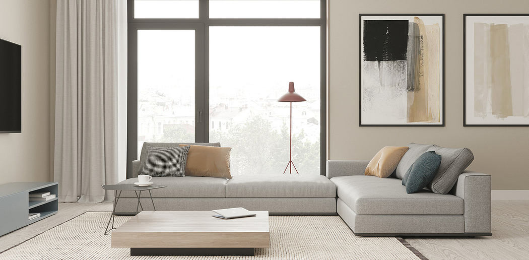 Modern living room with a sectional sofa, floor lamp, and wall art.