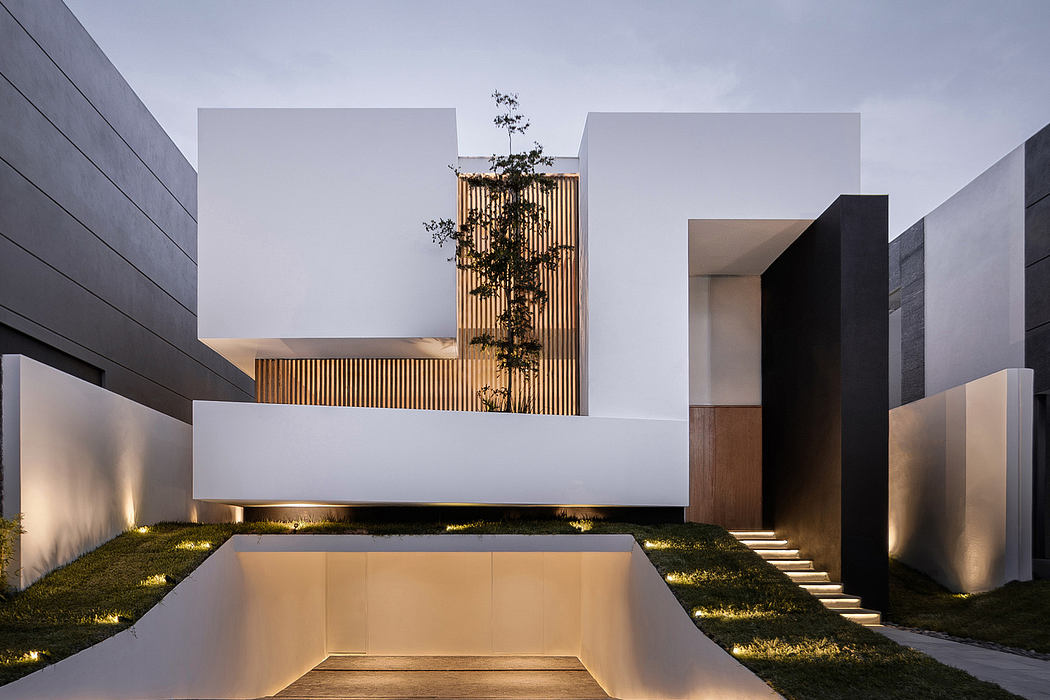 Modern minimalist architecture with clean lines, illuminated at dusk.