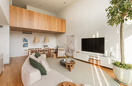 Modern living room with wooden accents and indoor plants.