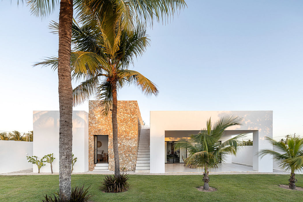 Modern white villa with stone accent wall and palm trees.