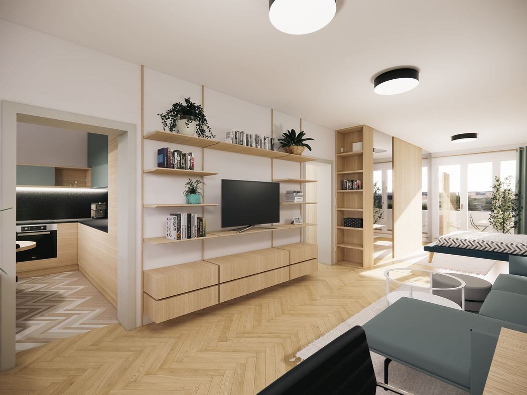 Modern living room with built-in shelves, herringbone floor, and minimalistic