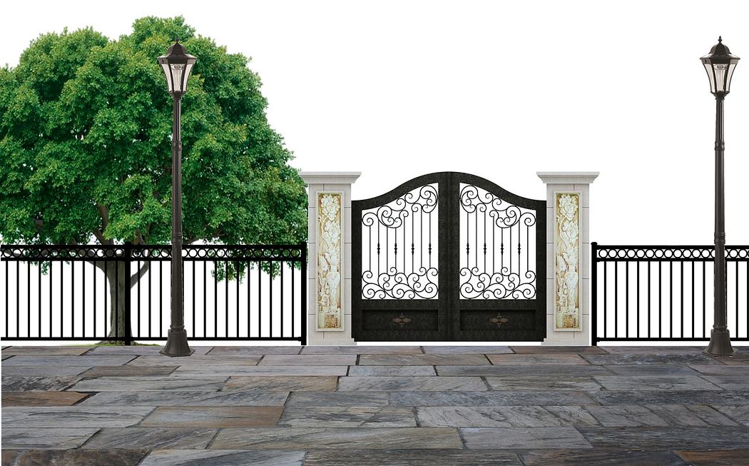 Elegant wrought iron gate with stone pavement and decorative street lamps.