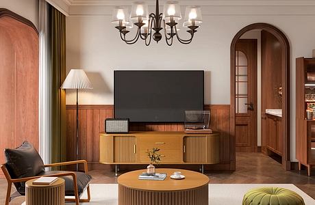 Elegant living room with vintage furniture and chandelier.