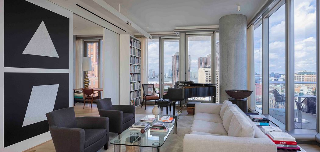 Sleek high-rise living room with city view and grand piano.