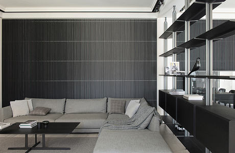 Modern living room with gray sectional sofa and black shelving units.