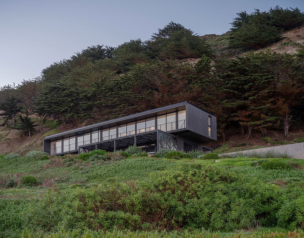 Modern cantilevered house on a hillside covered with shrubs.