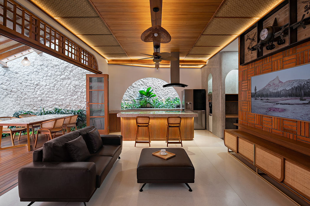 Contemporary living space with wooden accents and tropical elements.