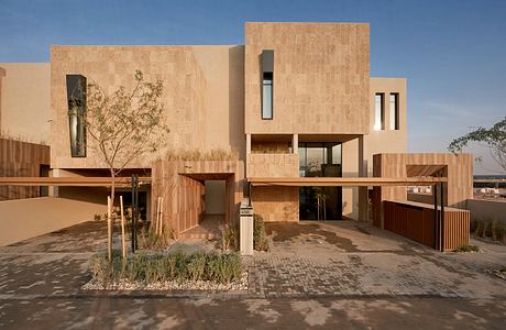 Modern building with geometric design and wooden panels