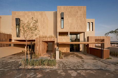 Modern building with geometric design and wooden panels