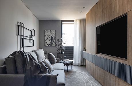 Modern living room with gray sofa, wooden cabinets, and wall-mounted TV.