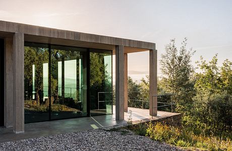 Contemporary glass-walled house with concrete frame amidst greenery.