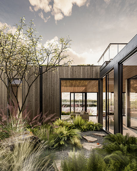 Modern home courtyard with garden and glass walls.