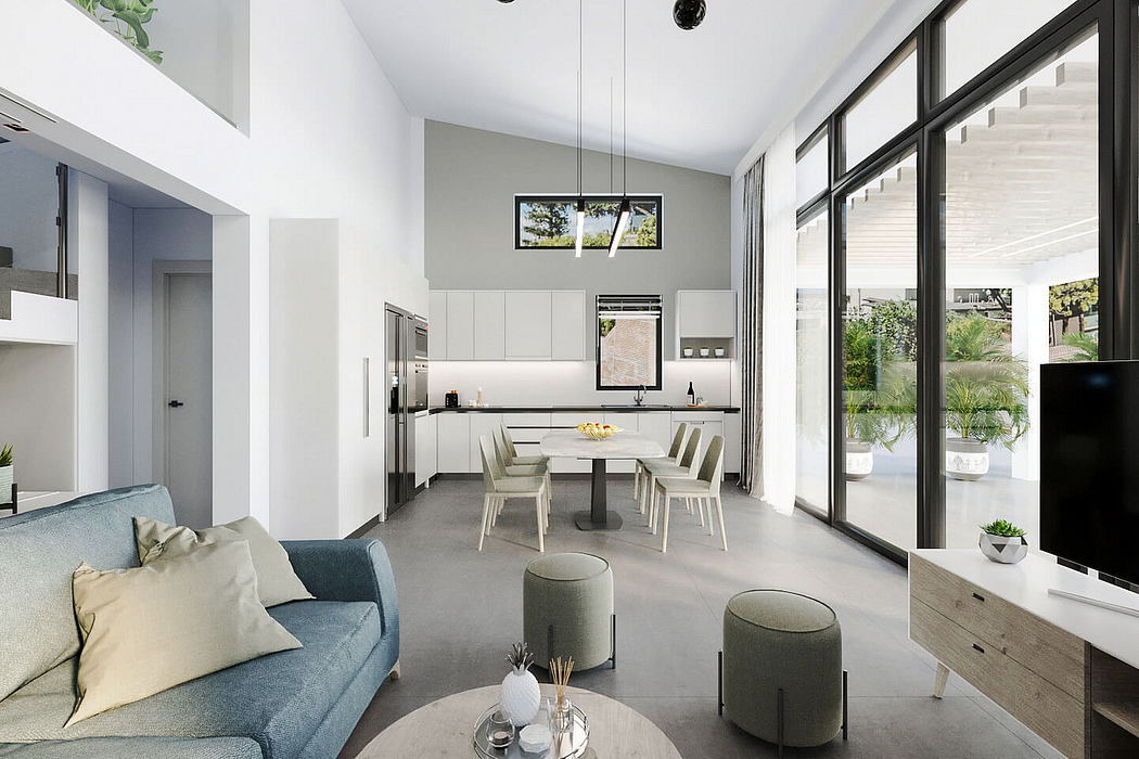 Contemporary open-plan living space with minimalist decor and large windows.