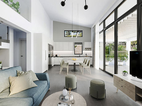 Contemporary open-plan living space with minimalist decor and large windows.