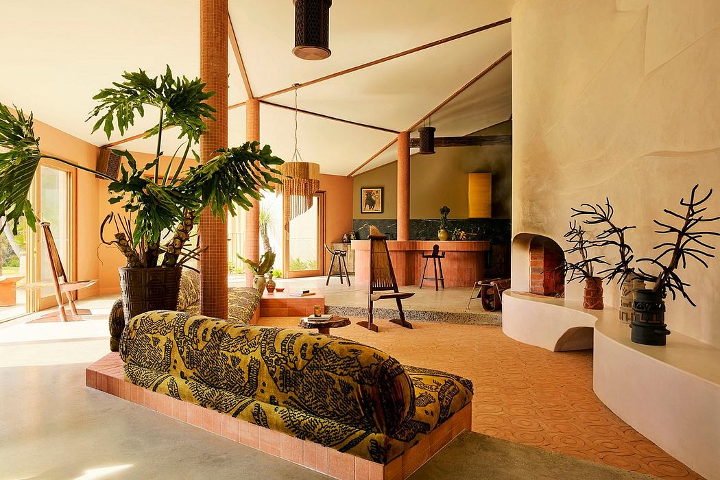 Contemporary room with earth tones, patterned sofa, and indoor plants.
