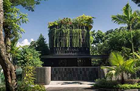 Modern building with lush rooftop garden surrounded by trees.