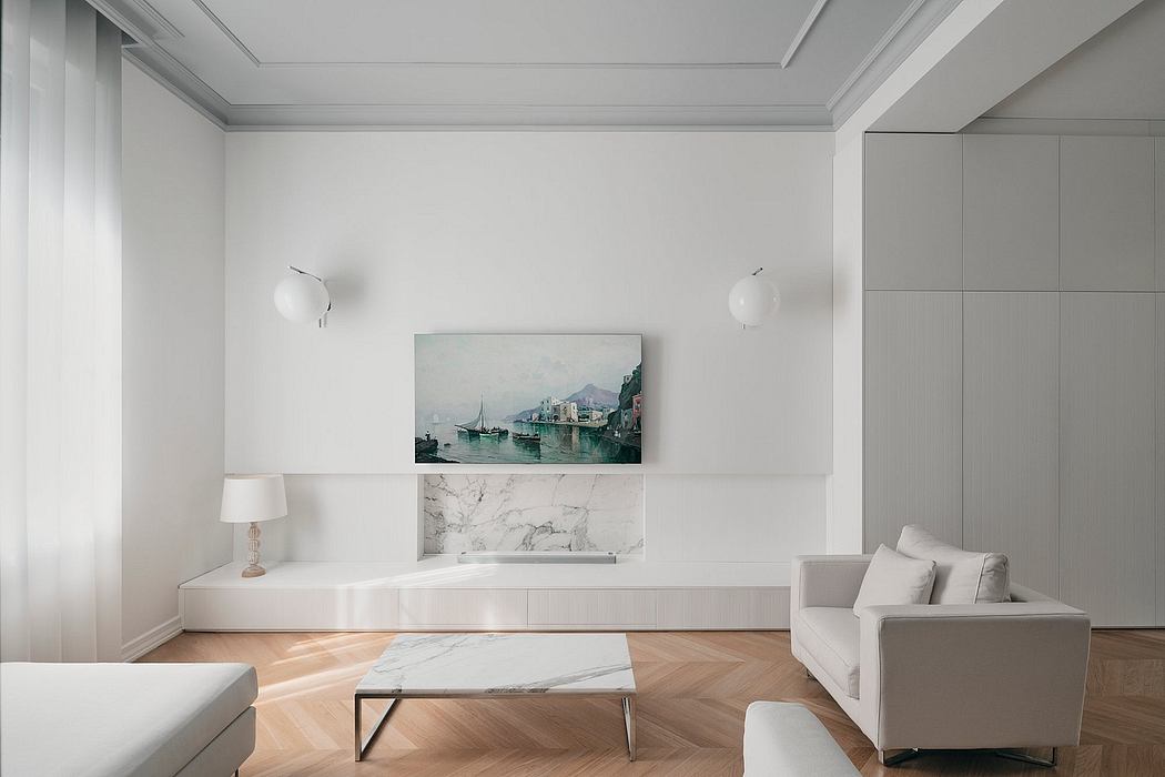 Minimalist living room with white walls, herringbone floor, and contemporary furnishings