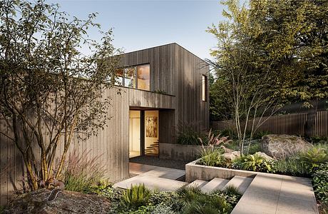 Modern wooden home with landscaped garden and concrete steps.