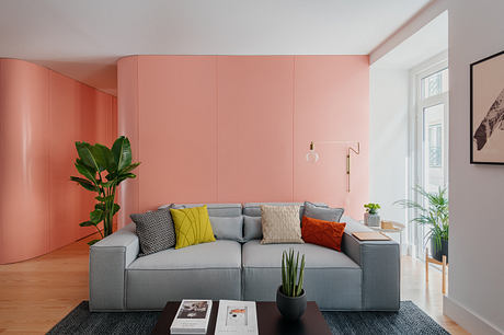 Contemporary living room with coral walls and a gray sectional sofa.