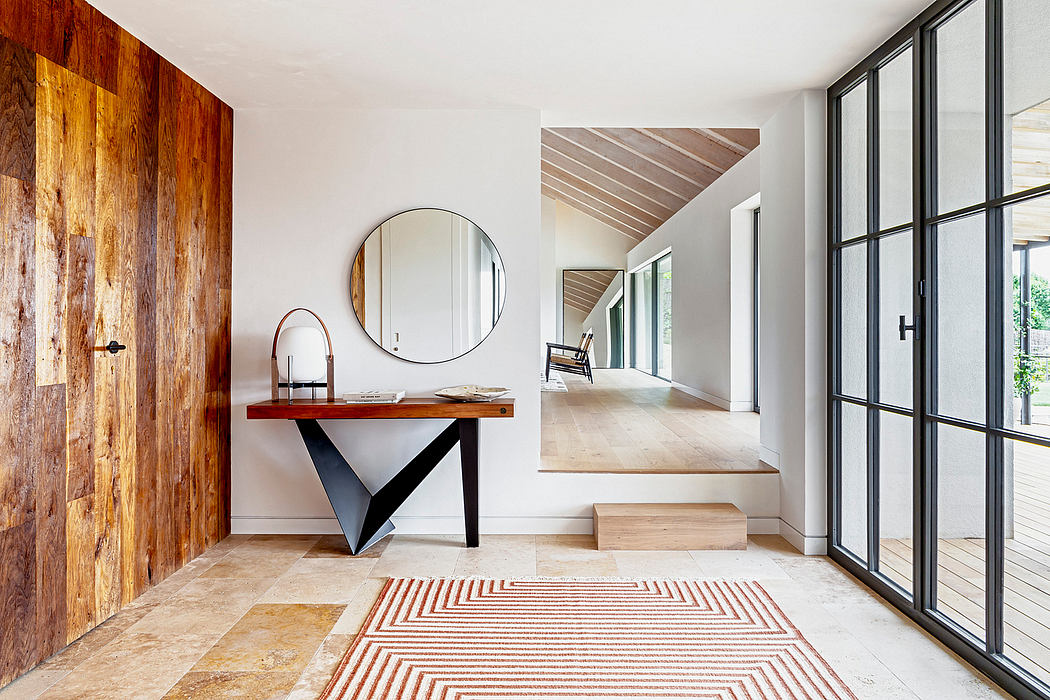 Modern minimalist interior with wooden accents and geometric patterns.