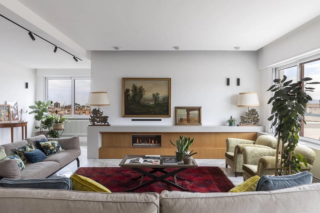 Contemporary living room with neutral tones and vibrant red rug.