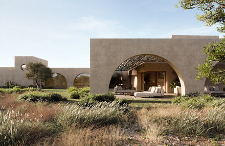 Contemporary villa with arched entrance set amidst wild grass.