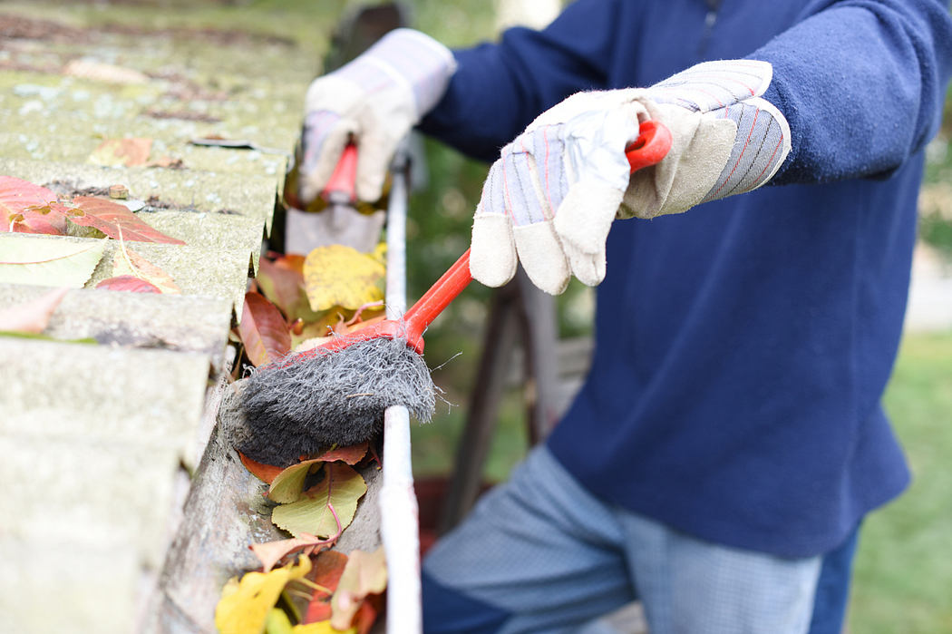Person cleaning gutters filled with autumn leaves.