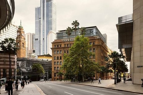 Urban cityscape with a mix of historic and contemporary buildings.