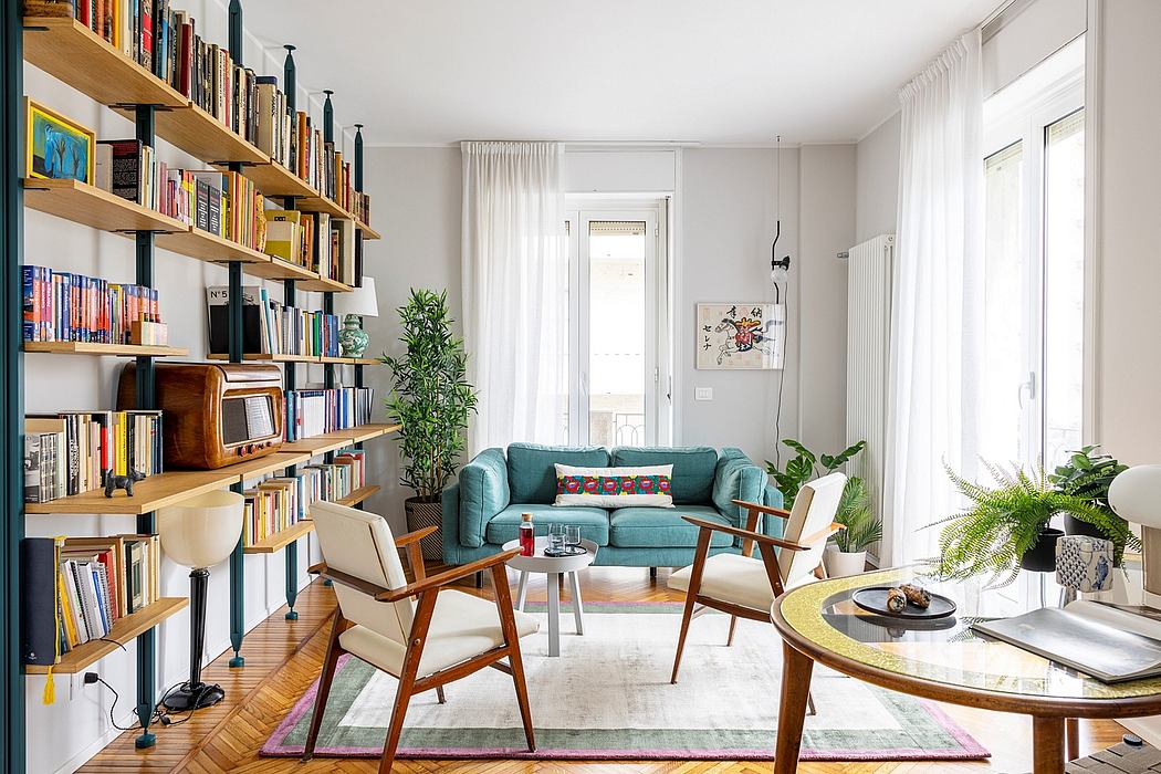 A cozy and eclectic living room with built-in bookshelves, potted plants, and mid-century modern furniture.