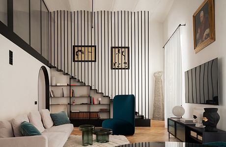 Modern living room with minimalist stairs and chic decor.