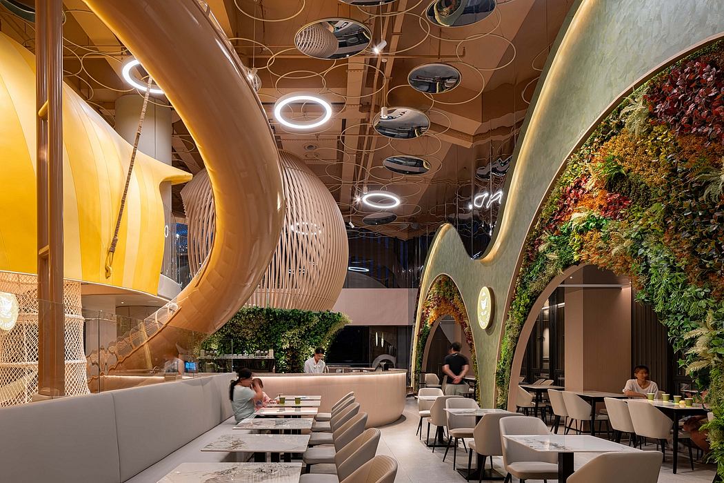 Vibrant, organic-inspired interior design with curved shapes, lighting, and greenery.