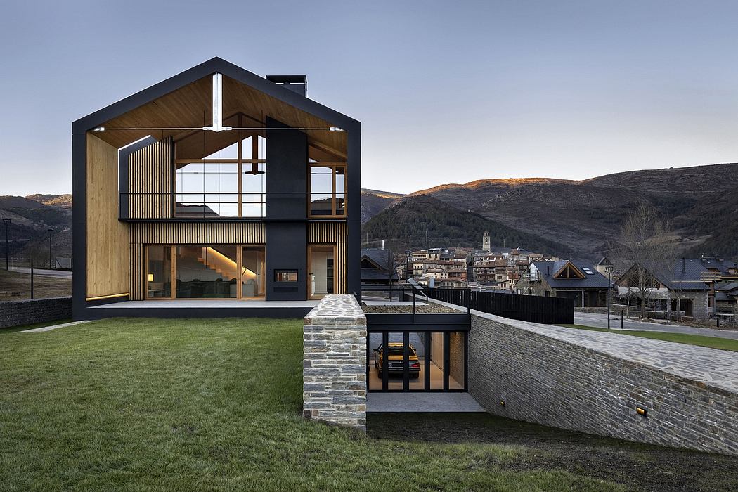 A modern, wooden and stone architectural design with clean lines and large windows offering scenic mountain views.