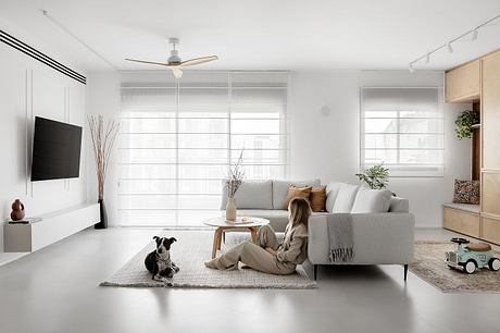 Minimalist living room with a person and dog, neutral tones, and clean design