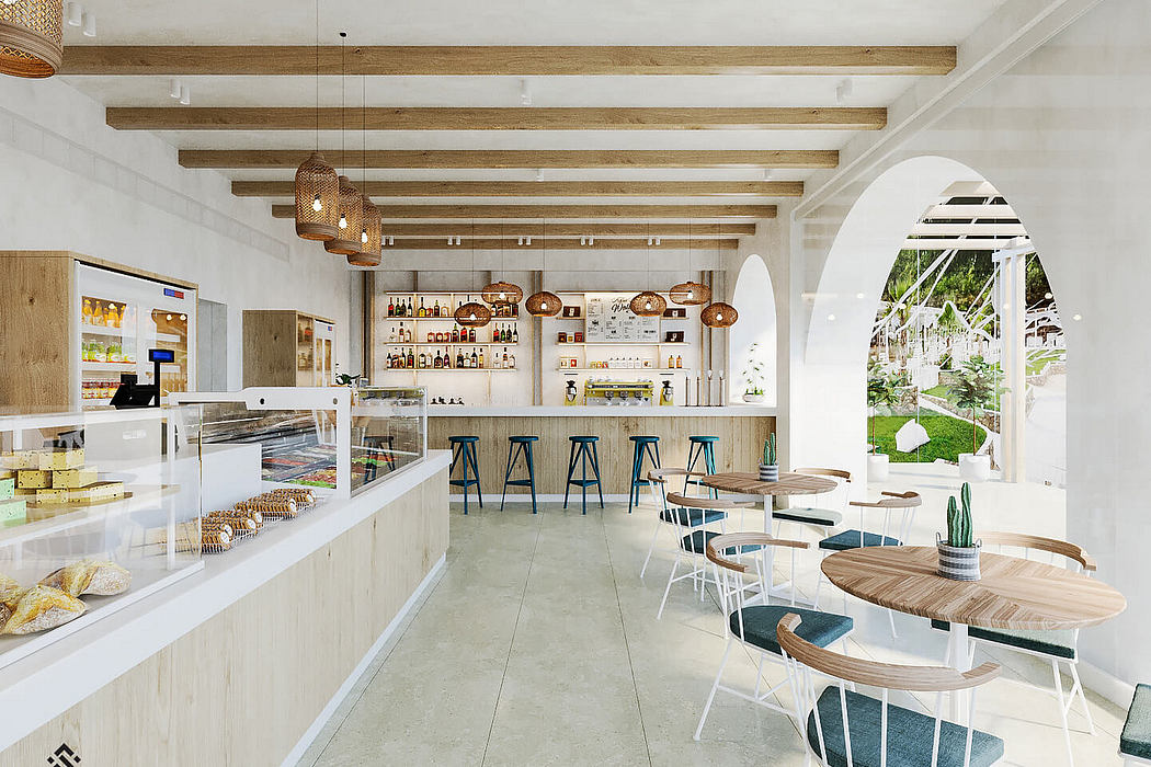 Bright, airy space with wooden beams, tiled floor, and modern furniture design.