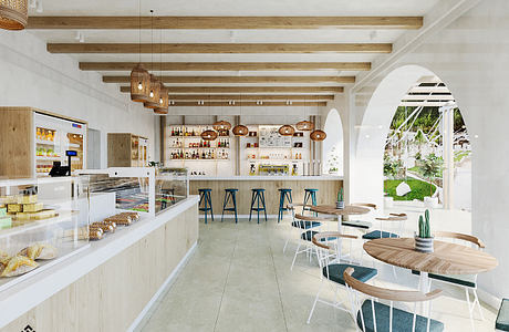 Bright, airy space with wooden beams, tiled floor, and modern furniture design.