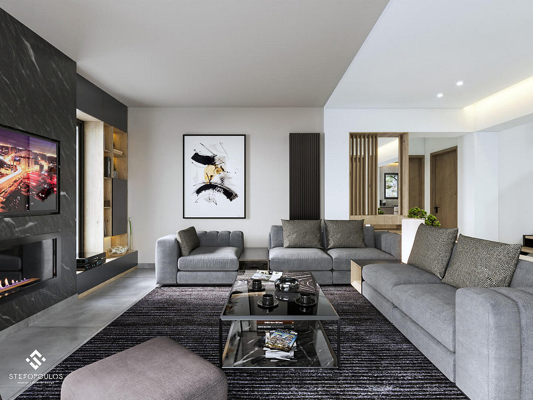 Sleek modern living room with minimalist furnishings, black accents, and bold artwork.