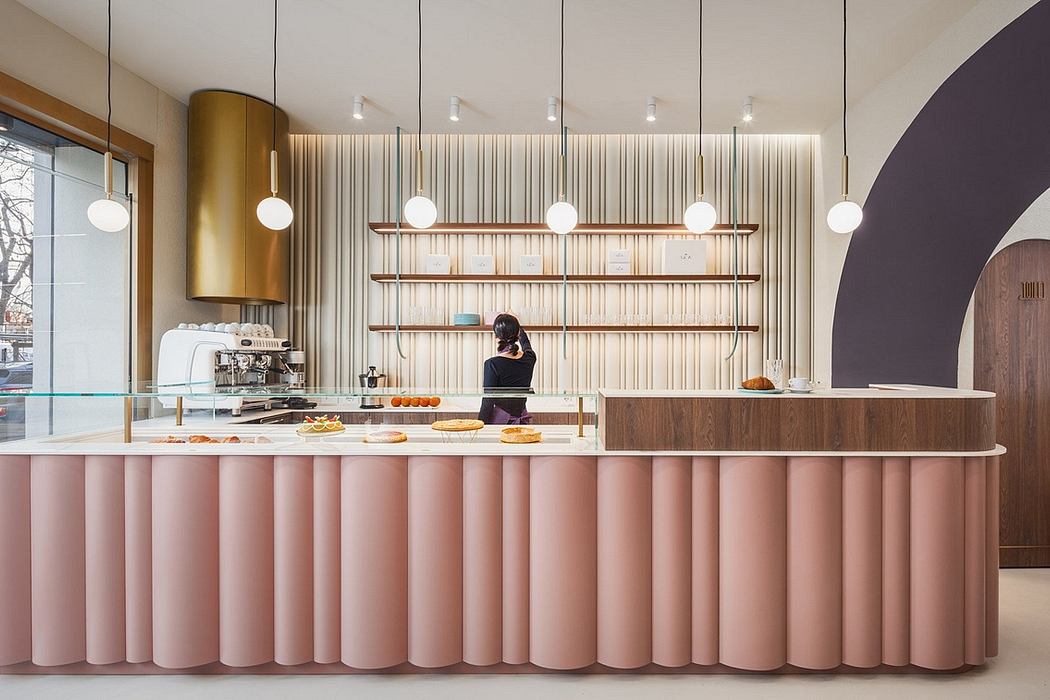 Chic café interior with pleated counter and vertical wood slats