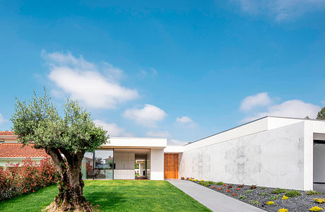 Modern house with large garden and clear blue sky.