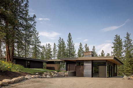 Modern single-story house surrounded by trees with a flat roof and large windows.