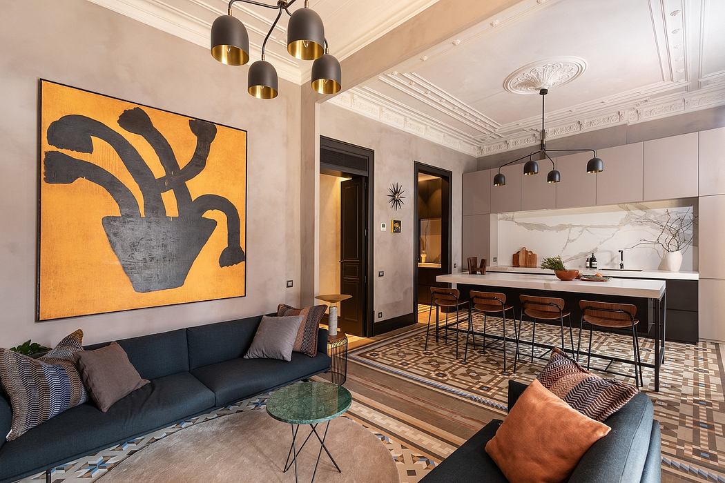 Elegant living room with modern furniture and large artwork.