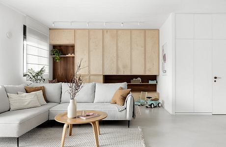 Minimalist living room with wooden cabinets and neutral tones.