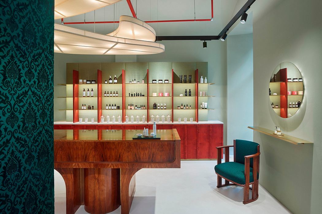 Sleek, modern bar design with wooden accents, red shelving, and curved overhead lighting.