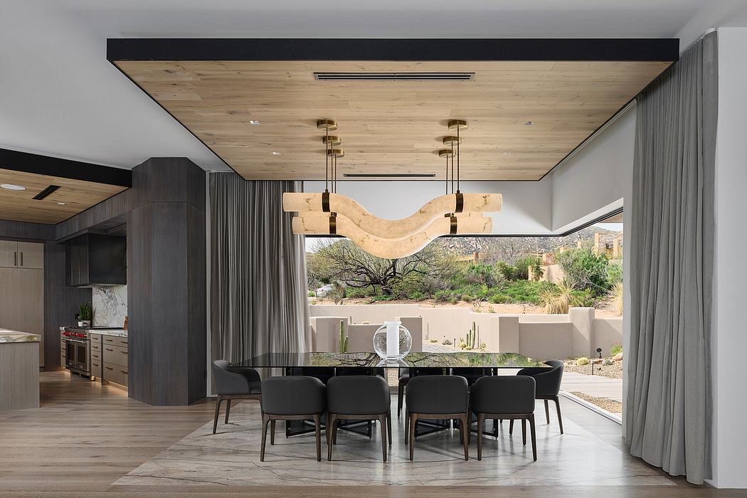Sleek, contemporary dining area with wooden accents, large windows, and modern lighting.