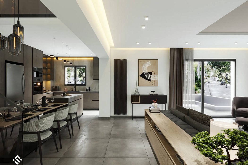 Sleek, modern kitchen with minimalist cabinetry, open living area, and large windows.