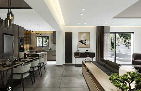 Sleek, modern kitchen with minimalist cabinetry, open living area, and large windows.