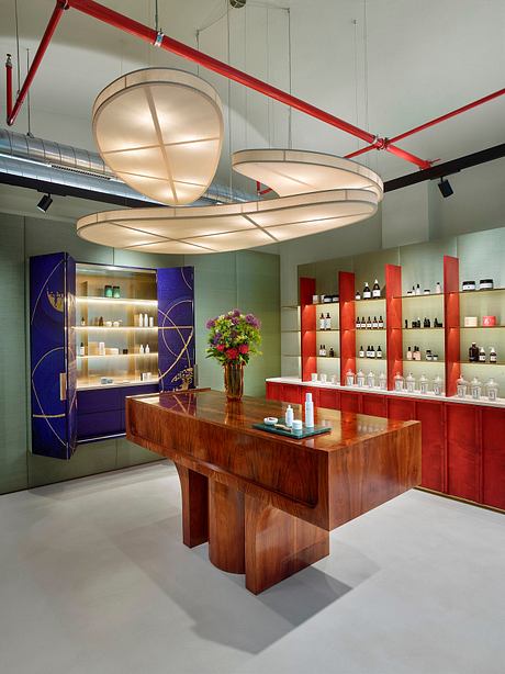 Striking interior design featuring circular pendant lights, vibrant colors, and custom wood furniture.