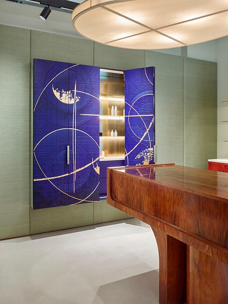 A modern interior design with a striking purple and gold geometric mural, a wooden counter, and recessed shelving.