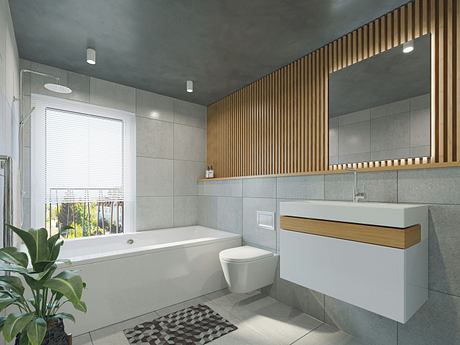 Contemporary bathroom with wood accents, grey tiles and a bathtub.