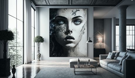 Elegant modern living room with large artistic portrait, high ceilings, and minimalist furniture.